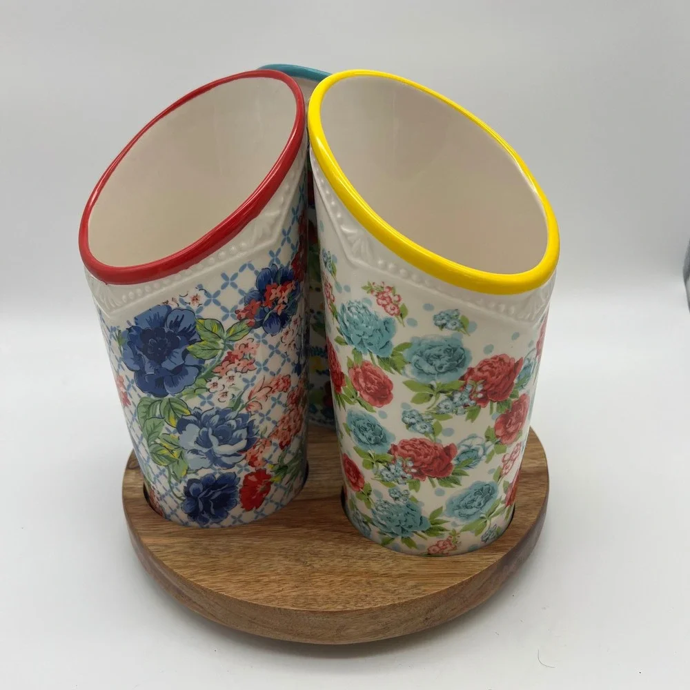 Pioneer Woman Floral Medley 3 Compartment Stoneware Utensil Holder Lazy Susan
